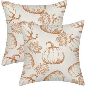 NEW Set of 2 Fall Pillow Covers 20x20 -‎ Burnt Orange Pumpkin & Maple Leaves